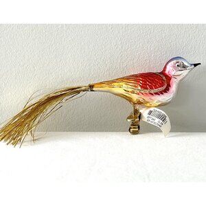 INGE GLAS Clip On Bird Ornament Colorful Blown Glass Gold Tinsel Tail 8” Germany